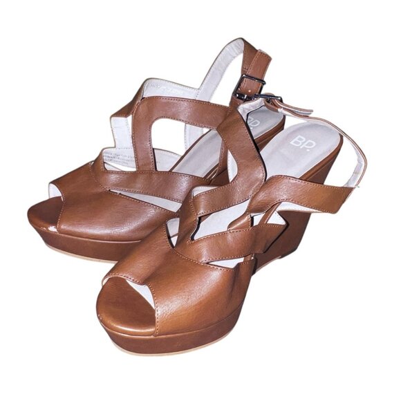 BP Brown Strappy Open Peeop Toe Wedge Sandals Sz 8 M Womens Brown - Picture 6 of 9